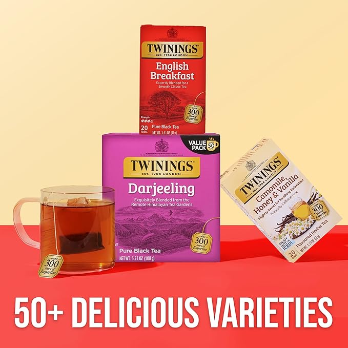 Twinings Darjeeling Black Tea Individually Wrapped Bags, 50 Count (Pack of 6), Delicate Light Taste, Caffeinated, Enjoy Hot or Iced, 300 Teabags - Bloomnest