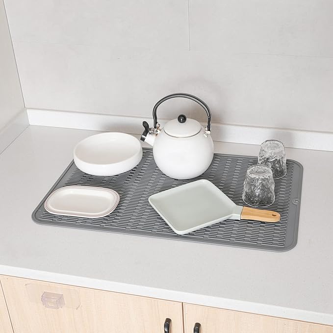 Silicone Dish Drying Mat for Multiple Usage,Easy clean,Eco-friendly,Heat-resistant Silicone Mat for Kitchen Counter or Sink,Refrigerator or Drawer Liner Grey 3XL 28 inches x 18 inches - Bloomnest