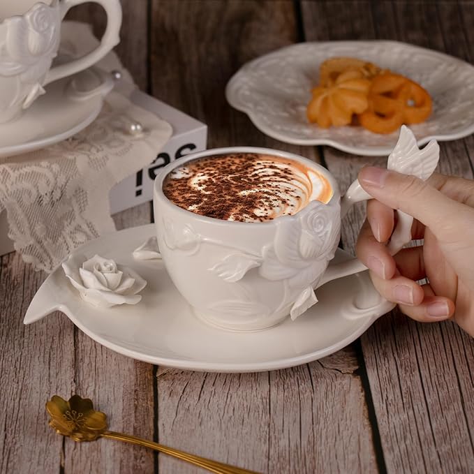 KAMMAK Tea Cups and Saucers Set of 2, Porcelain Coffee Cups, 8.5-Ounce Stackable Espresso Mugs, Ceramic Demitasse for Coffee, Latte, Americano, Tea, Cubic Rose - Bloomnest