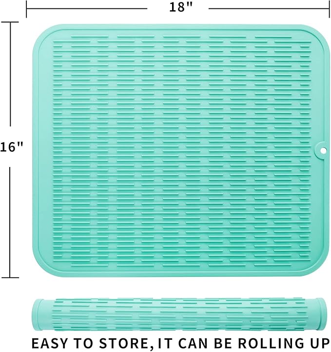Silicone Dish Drying Mat for Multiple Usage,Easy clean,Eco-friendly,Heat-resistant Silicone Mat for Kitchen Counter or Sink,Refrigerator or Drawer Liner Mint XL 18 inches x 16 inches - Bloomnest