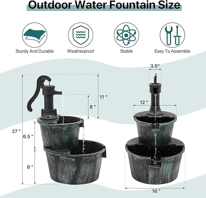 Athena Collection 27'' Height Electric Waterfall Fountain 2 Tier Stepped Barrel Vintage Fountain Polypropylene with Pump Freestanding Floor Tabletop Fountain for Outside, Patio, Garden, Green - Bloomnest