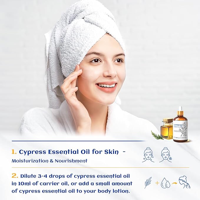 HIQILI 100ML Cypress Essential Oil, 100% Natural for Diffuser, Skin Care, Includes 10ML Travel Bottle - 3.38 Fl Oz - Bloomnest