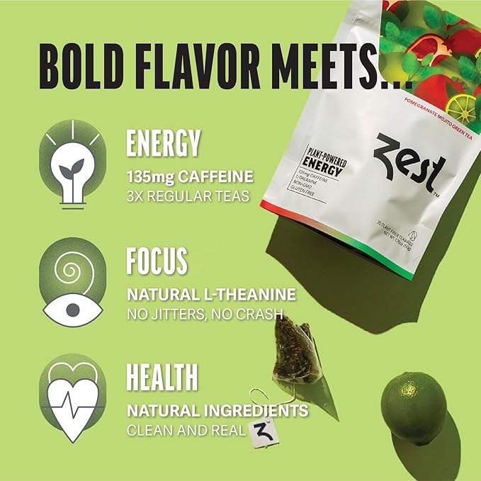 Zest Energy Green Tea – Pomegranate Mojito High Caffeine Tea Bags for Focus & Morning Energy – Natural Caffeinated Tea with 135mg Caffeine – Coffee Substitute – 20Ct Pack, Non-GMO & Keto Friendly - Bloomnest