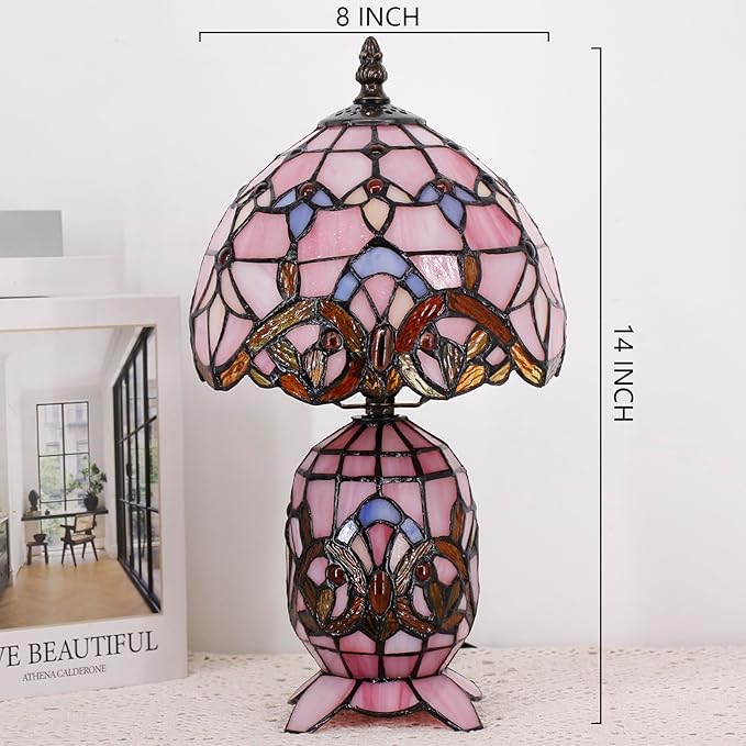 Small Tiffany Lamp Stained Glass Table Lamp Mini Mother Daughter Vase Desk Accent Light for Bedroom Bedside Reading Home Antique Style Decor 8X14 Inches (Pink Baroque) - Bloomnest