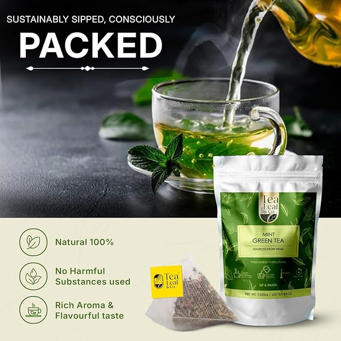 Tealeaf & Co. Mint Green Tea Bags Blended with Fresh Herbs - Spearmint & Peppermint Tea - Contains Low Caffeine - Gluten Free - 100 Teabags (7.055oz/200gm) - Bloomnest