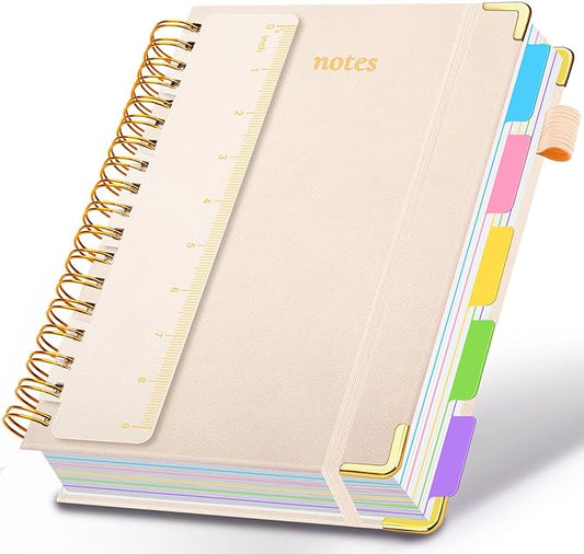 Hardcover Spiral Notebook 8"x10" Journal Notebook with Tabs and Removable Dividers 300 Pages 5 Subject Notebook College Ruled, Faux Leather Spiral Bound Notebook for Women School Work (White) - Bloomnest