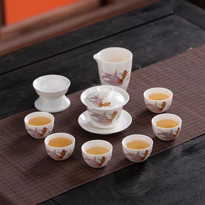 ICHAG Chinese Tea Set, Gongfu Tea Sets for Adults, China Gaiwan Teaset, 14-Piece Yangzhi Jade (茶具) Porcelain Set with Tea Pet, Portable Travel Teaset for Home, Outdoor, Office Gifts (White) - Bloomnest