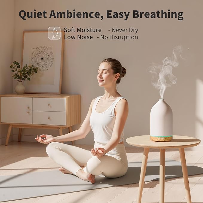URPOWER 120ML Ceramic Essential Oil Diffuser Ultrasonic Aromatherapy Diffuser with Wood Grain Base, 7-Color LED Lights Auto Shut-Off, Humidifier for Home & Office, Air Diffuser for Relaxation - Bloomnest