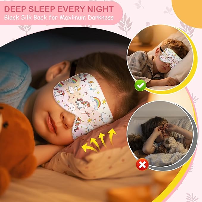Kids Silk Sleep Mask: 100% Mulberry Silk Eye Mask with Adjustable Strap, Cute Sleeping Blindfold for Boys Girls Teens, Soft & Lightweight Eye Shade for Travel, Nap, Bedtime (Pink Horse Style) - Bloomnest