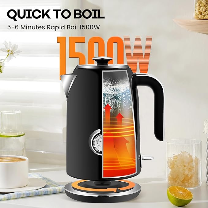 PUKOMC Electric Kettle, 1.7L Stainless Steel Tea Kettle with Temperature Gauge, 1500W Water Boiler with LED Light, BPA-Free, Auto Shut-Off and Boil-Dry Protection (Black) - Bloomnest