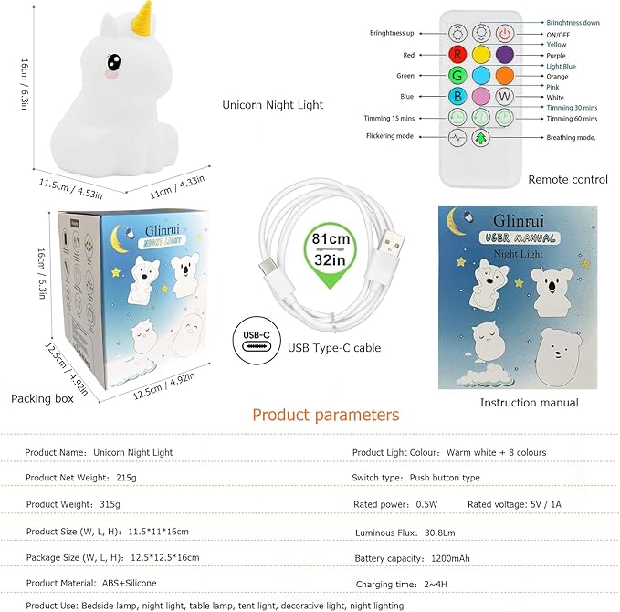 Large Unicorn Night Lights for Kids, 9 Colors silicone Bedside Table Lamps Baby Bedroom Lighting Nursery Children Tap lamp for Toddlers Boys Girls Adults Student Elder Bathroom Outdoor - Large - Bloomnest
