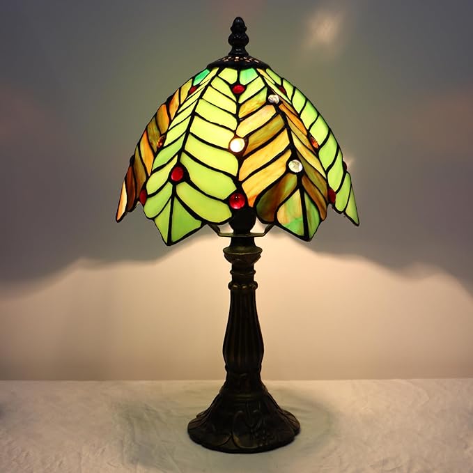 Small Tiffany Lamp Mini Accent Table Lamp Stained Glass Desk Memory Lamp Sympathy 8X14.5 Inch (Brown Green Leaf) - Bloomnest