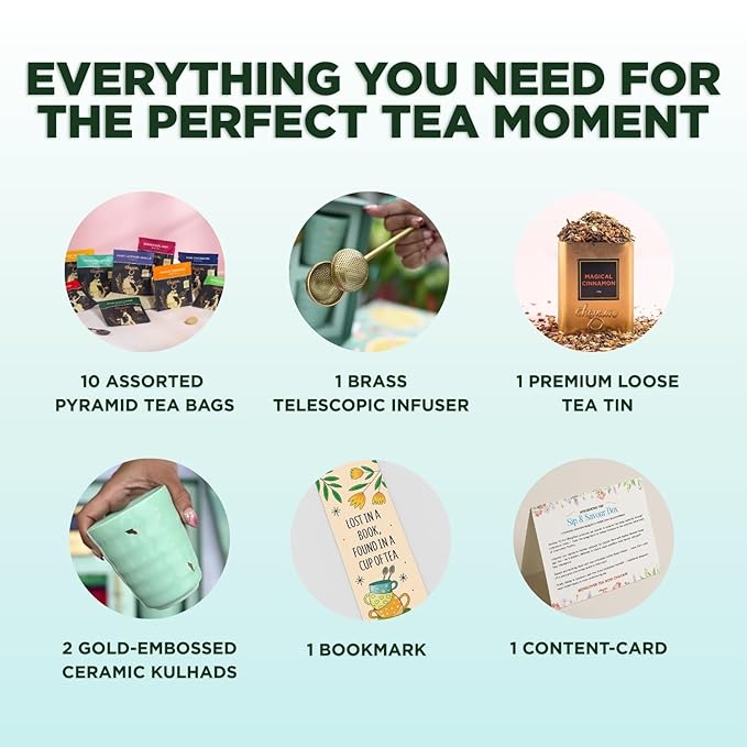 CHAYAM Luxury Tea Gift Set |10 Assorted Tea Bags, Magical Cinnamon 50g, 2 Cups & Brass Strainer | Assorted Gift Box Hamper - Bloomnest