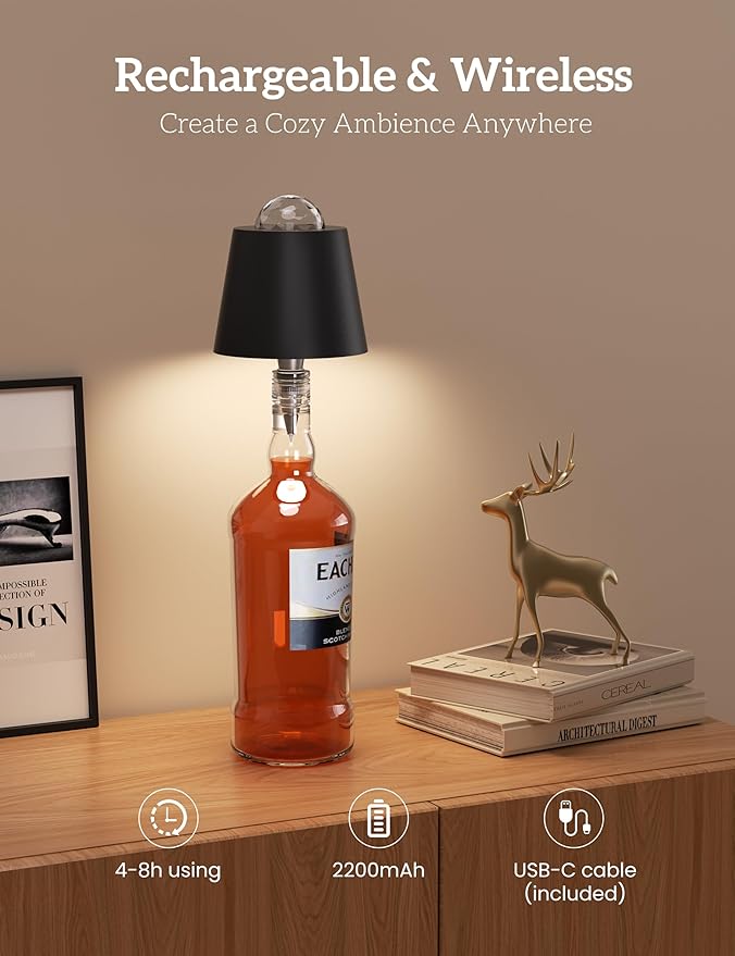 Joyzy Table Lamp with Projector Lighting, Wireless Wine Bottle Lamps Rechargeable Wine Bottle Lights Water Wave Ripple Projection Liquor Bottle Room Decoration Light Ambient for Bar Restaurants - Bloomnest