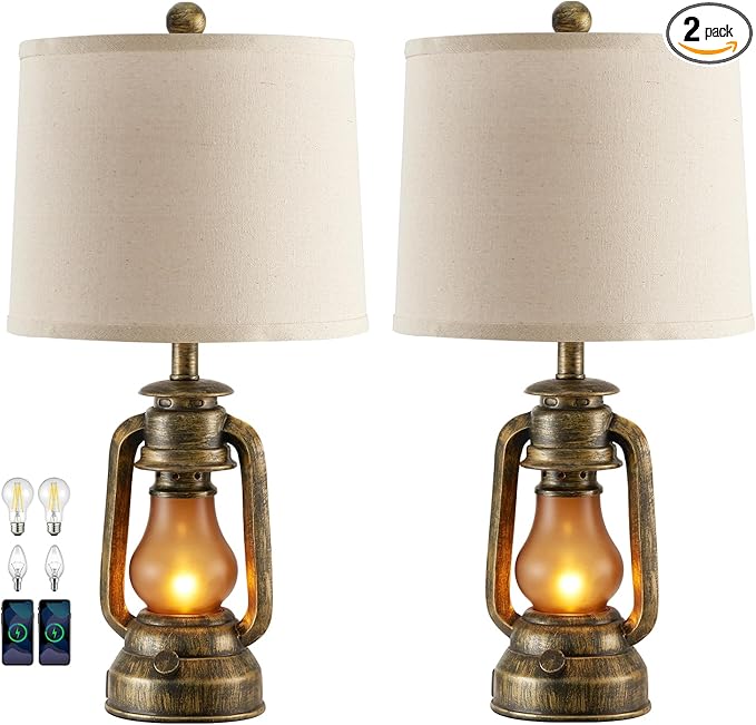 RORIANO Set of 2 Farmhouse Lantern Table Lamps for Living Room with 2 USB Charging Ports, Rustic Vintage Nightstand Lamps with Nightlight for Bedroom End Table Entryway, 4 Bulb Included - Bloomnest