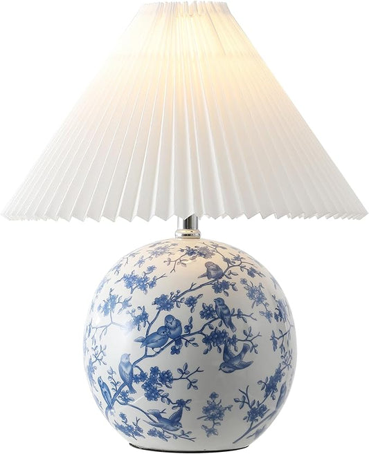 JONATHAN Y JYL5056B Shishen 19.5" Cottage Classic Chinoiserie Ceramic Orb LED Table Lamp with Pleated Shade, White/Blue for Bedroom, Living Room, Kitchen, Home Office, Kids Room - Bloomnest