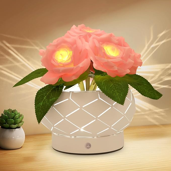 Roses Flower Touch Lamp,Rechargeable Cordless 3-Colour Dimming Small Night Light for Festival,Dining Room,Bedroom Home Decor Birthday Gifts-6 Rose - Bloomnest