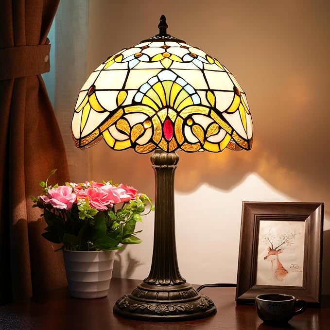 Tiffany Lamp Stained Glass lamp 12 inches Bedside Table Lamps for Living Room Bedroom Dorm Kitchen Home Decor Festival Birthday Gift,Yellow Baroque - Bloomnest