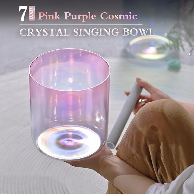CVNC 440HZ 7 Inch F Note Heart Chakra Pink Purple Color Clear Quartz Crystal Singing Bowl with Carry Case Bag for Sound Healing and Meditation