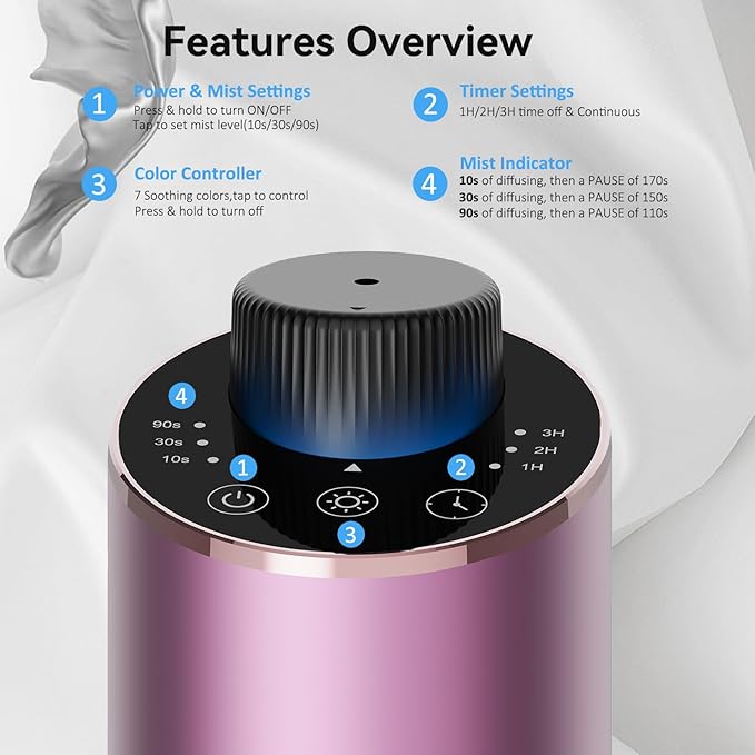Essential Oil Diffuser Waterless Scent Aromatherapy Diffusers for Home Large Room, Bedroom, Car, Office,Desk, Battery Operated, Small Cordless Air Freshener Machine, 3 Countdown Timers & 3 Mist Levels - Bloomnest