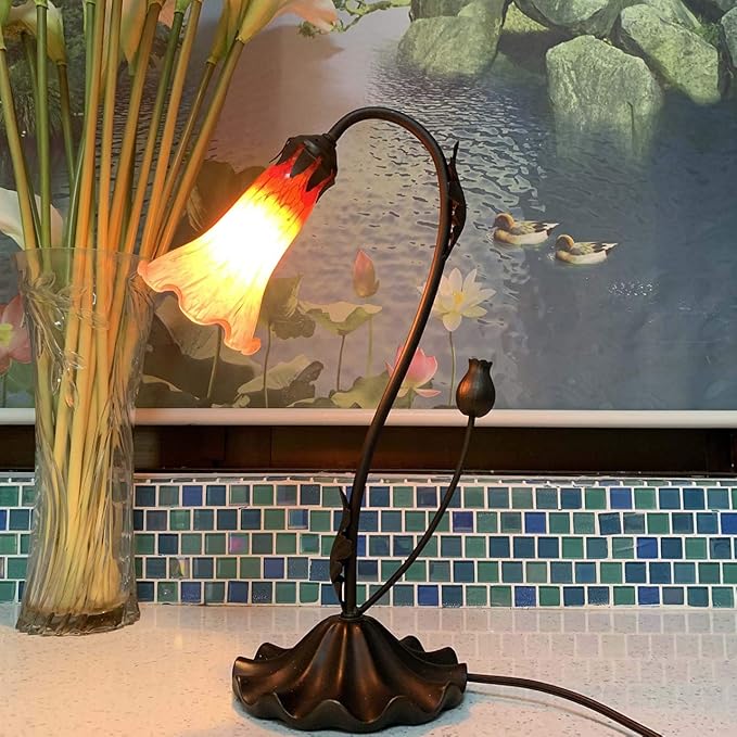 Bieye L10697 Lily Flower Blown Glass Accent Table Lamp for Living Room Bedroom Decoration (1-Light, Orange) - Bloomnest