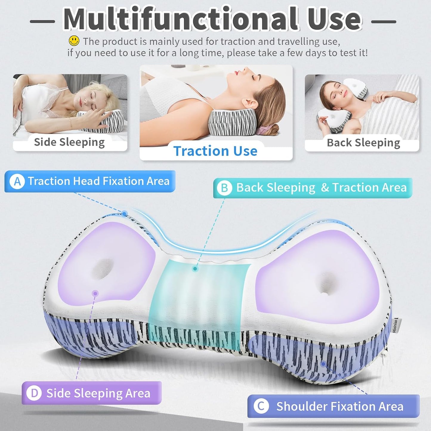 Neck Support Pillow, Cervical Neck Roll Memory Foam Pillow, Cervical Traction Device, Neck Pillow for Side Sleepers, Camping & Travel Pillow with Portable Bag