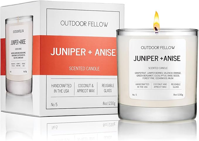 Outdoor Fellow Juniper + Anise Scented Candle, 8oz, Coconut & Apricot Wax Blend, Juniper Berry, Zesty Grapefruit, Citrus Peel, Reusable Glass, 40-50 Hour Burn Time - Bloomnest