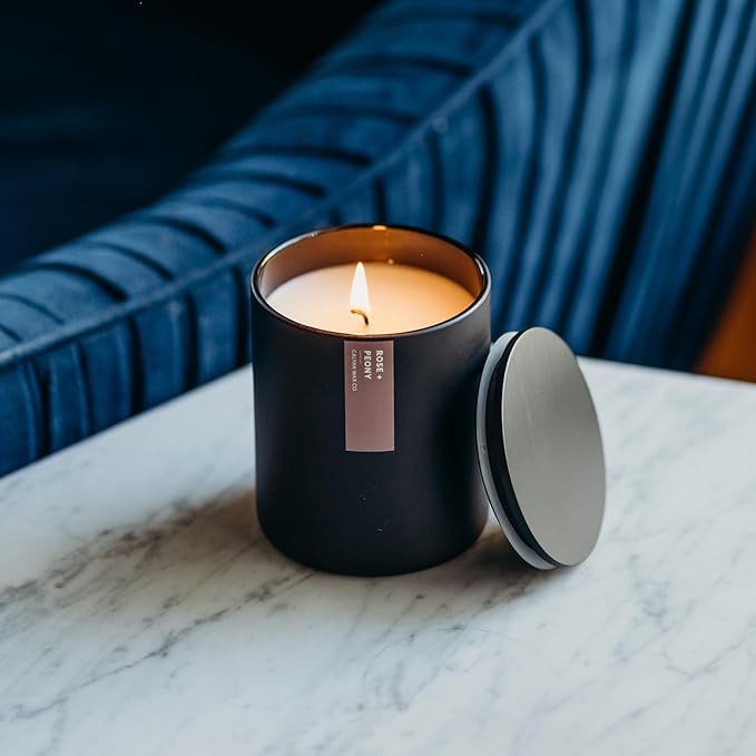 Calyan Wax Co. Rose & Peony Scented Candle - 75 Hour Burn - Luxury Non Toxic Soy Wax Candles - Long Lasting Black Tumbler Jar Candle for Home - 10.2oz - Bloomnest