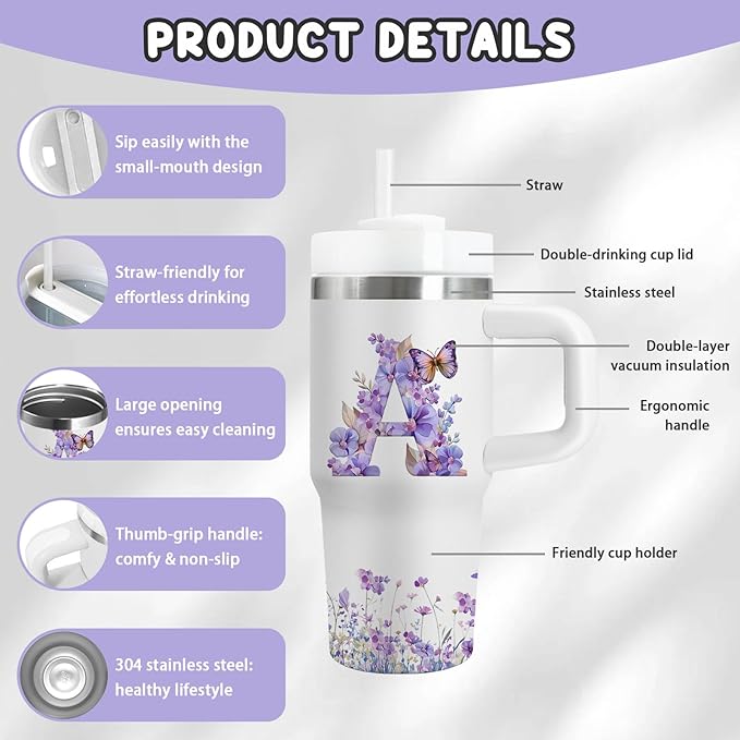 Letter A Tumbler Gifts, 14oz Letter A Themed Tumbler with Handle and Straw, Stainless Steel Double Wall Vacuum Insulated Cup Keep Hot Cold - 14oz Travel Mug with Lid Tumblers for Home Work Outdoor Use - Bloomnest