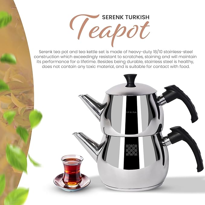 Serenk Modernist Stainless Steel Teapot | 1 L Top, 1.5 L Base, Induction Ready, Mirror Finish, Cool-Touch Handles, Elegant, Durable, Dishwasher Safe - Bloomnest