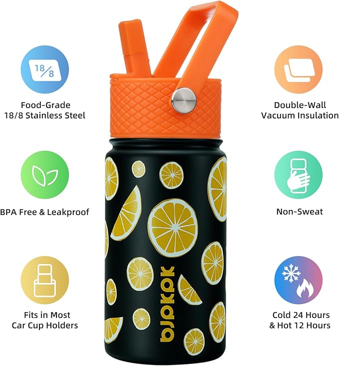 BJPKPK Insulated Water Bottle with Straw Lid, 15 oz Stainless Steel Metal Water Bottles, Reusable Leak Proof BPA Free Thermo, Flask, Cups - Lemon - Bloomnest