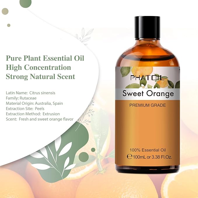 Sweet Orange 3.38fl.oz Essential Oil, PHATOIL Aromatherapy Essential Oils for Diffuser, Humidifier, Perfect for DIY Soap, Candle, Bath Bombs Making(100ml) - Bloomnest