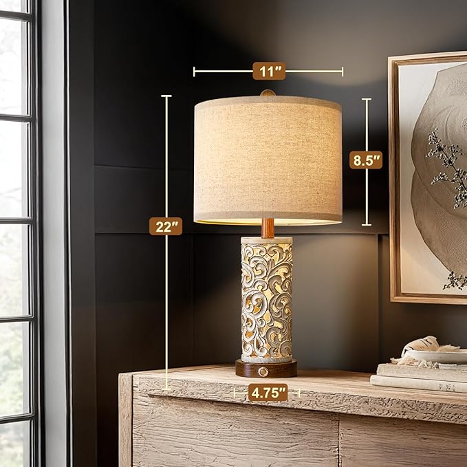 22" Dual Light Table Lamps Set of 2 for Living Room, Touch Lamp with 3-Level Dimming, USB A+C Table Lamp for Bedroom, Farmhouse Lamps for Night Stands(Brown, Bulb Included) - Bloomnest
