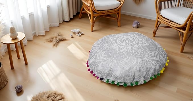 CRAFT KALA Large Round Bohemian Floor Pillow Pouf Cover Mandala Meditation Room Pillow Cover for Adults Boho Seating Poufs Cushion Cover for Kids Playroom 32" Round Silver Flower - Bloomnest
