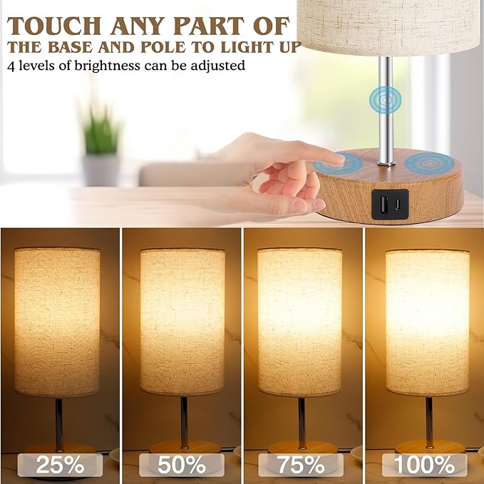 Bedside Table Lamp for Bedroom - 4 Way Dimmable Touch With USB and Type-C Charge Port, Small Wood Base Round Flaxen Fabric Shade for Living Room (Yellow Color Base) - Bloomnest