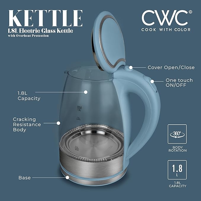 COOK WITH COLOR Electric Tea Kettle, 1.8L Cordless Hot Water Boiler, 1200W Rapid Boil, Auto Shutoff & Boil Dry Protection, BPA-Free, Sleek Countertop Design, Slate Blue - Bloomnest