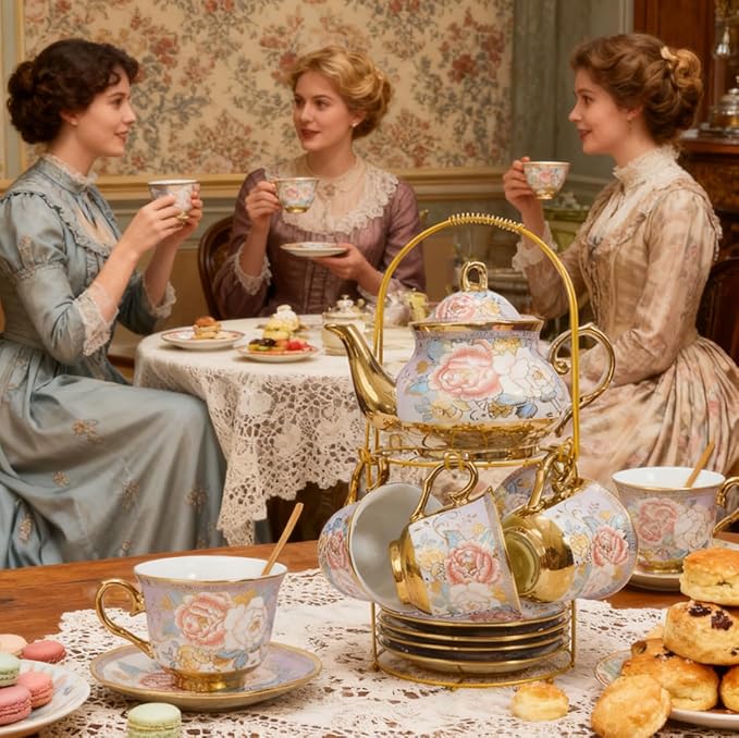 CHANJOON Gold Plated Red Rose Ceramic Tea Set, Vintage Tea Sets with Teapot, Beautiful Tea Set Coffee Serving 6 People (Purple, X Large) - Bloomnest