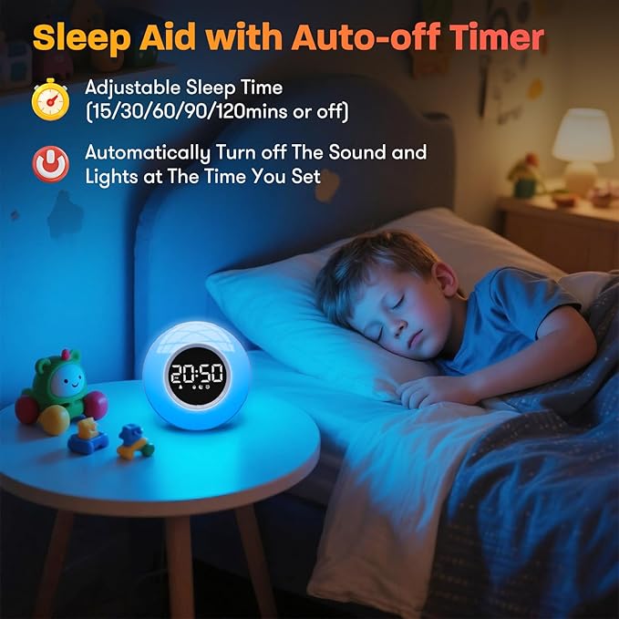 White Noise Sound Machine with 30 Soothing Sounds & 12 Colors Light, Sunrise Alarm Clock Wake Up Light, Adjustable Volume & Night Light, Timer, Ideal for Adults, Kids, Heavy Sleepers