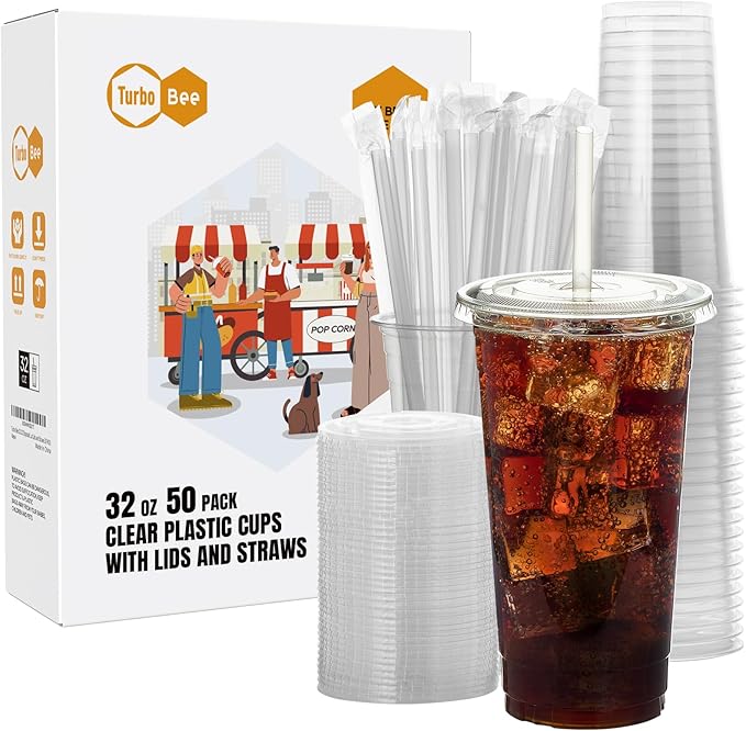 Turbo Bee 50 Sets 32 OZ Clear Plastic Cups with Lids and Straws, Disposable To Go Iced coffee cups with lids for Cold Drinks, Smoothie, and Slushie - Bloomnest