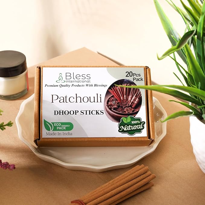Bless-International Patchouli-100%-Natural-Incense-Bambooless-Dhoop-Sticks Handmade-Organic-Chemicals-Free for-Purification-Relaxation-Positivity-Yoga-Meditation The-Best-scents-4.5-Inches-20-Sticks BlessInternational