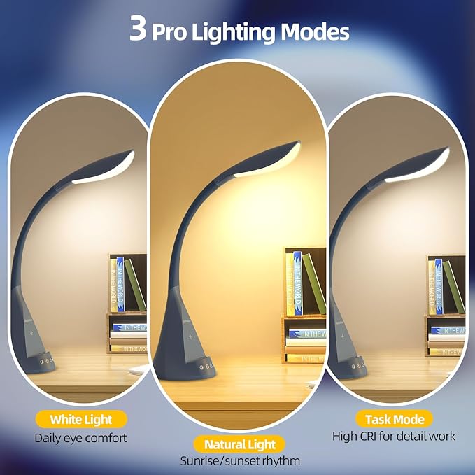 LED Desk Lamp with USB Charging Port, Dimmable Reading Light Touch Control and Eye Protection, Adjustable Brightness Table Lamp for Home Office Bedroom (Blue) - Bloomnest