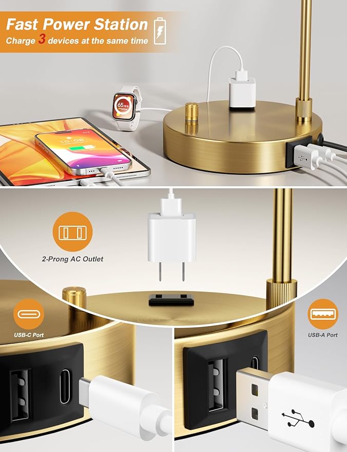 Gold Table Lamp with USB Port and Outlet, Dimmable Nightstand Bedside Lamps with Linen Lampshade, Desk Lamp for Bedroom, Living Room, Guest Room, Home Office, LED Bulb Included - Bloomnest
