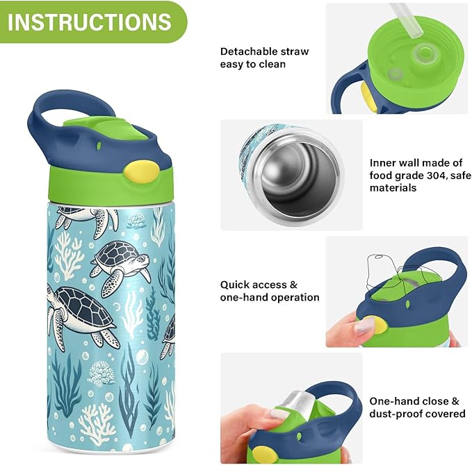 Turtle Water Bottle with Straw Lid Kids Blue Ocean Insulated Tumbler with Handle Stainless Steel Reusable Toddlers Cup for Kids Boys 12 oz - Bloomnest