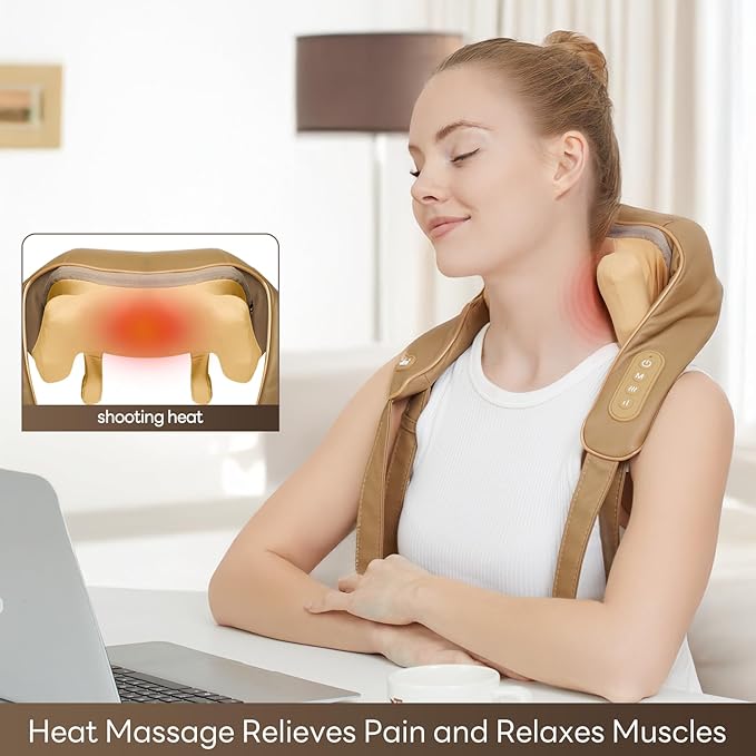 Neck Massager for Pain Relief Deep Tissue with Heat -Cordless Shiatsu 6D Kneading Massage for Neck,Shoulder,Gifts for Mom/Dad（PU-Yellow Brown）