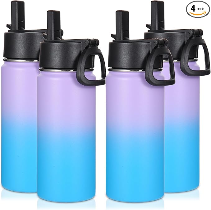 Volhoply 16 OZ Kids Water Bottle Bulk 4 Pack,Insulated Sports Bottles with Straw Lid,Stainless Steel Bottle with Handle Keep Cold,Double Wall Vacuum Tumbler Cups for School,Girl(Lavender Blue, 4 - Bloomnest