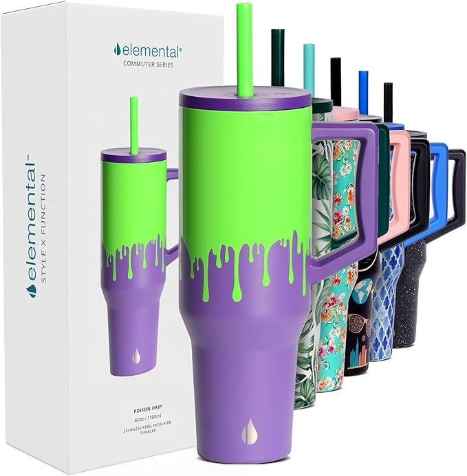 Elemental 40 oz Tumbler with Handle and Straw - Spill Proof Insulated Stainless Steel Commuter for Hot and Cold Beverages - Travel Coffee Mug with 2 Straws & Spill Proof Lid - 40oz - Poison Drip - Bloomnest