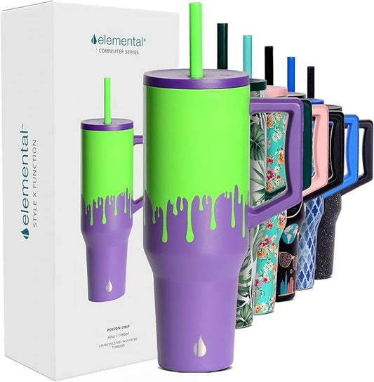 Elemental 40 oz Tumbler with Handle and Straw - Spill Proof Insulated Stainless Steel Commuter for Hot and Cold Beverages - Travel Coffee Mug with 2 Straws & Spill Proof Lid - 40oz - Poison Drip - Bloomnest