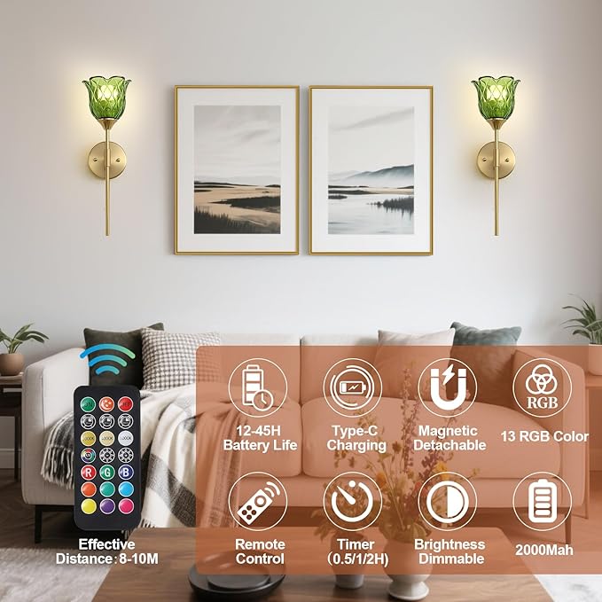 2 Pack Vintage Battery Operated Wall Sconce with Green Glass Lampshade, Wireless Rechargeable Battery Powered RGB Wall Light with Remote Control, for Bedside Bedroom Doorway - Bloomnest