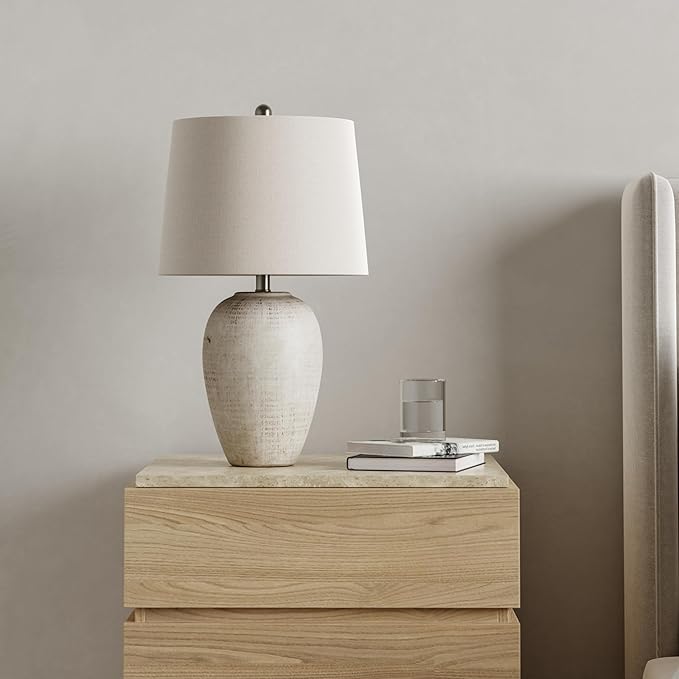 Nourison Home 23" Distressed Cream/Beige Rustic Ceramic Jar Table Lamp for Bedroom, Living Room, Dining Office, with Ivory Shade - Bloomnest