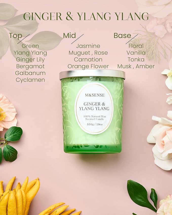 M&SENSE Ginger Ylang Ylang Scented Candle, Cracking Wooden Wick Soy Wax, 18oz 100 Hours Long Lasting Clean Burn, Large Jar Candles for Home Decor, Non-Toxic Relaxing Aromatherapy Gifts for Women - Bloomnest